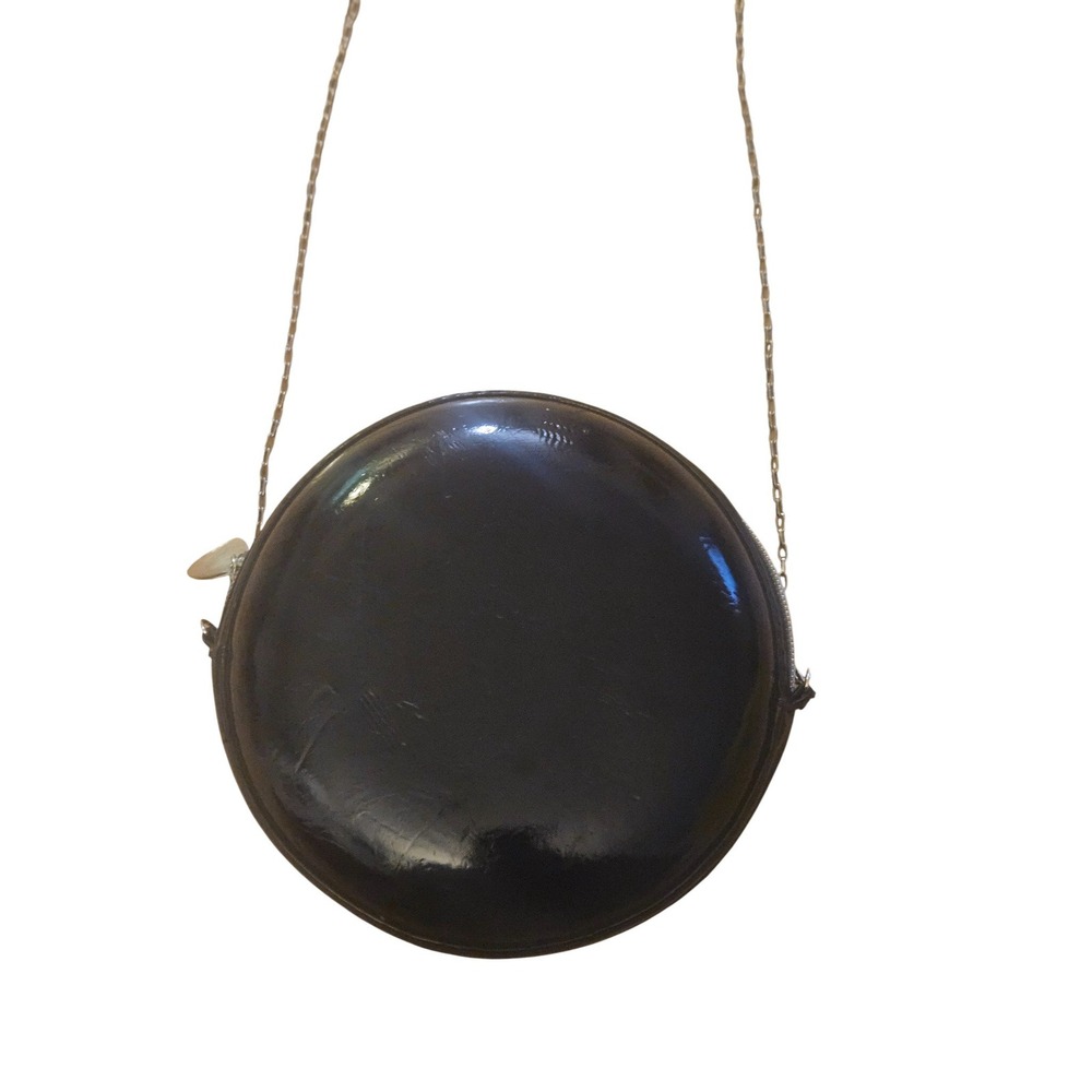 Vintage Thierry Mugler Black Patent Leather Round Crossbody w/ Silver Chain Rare